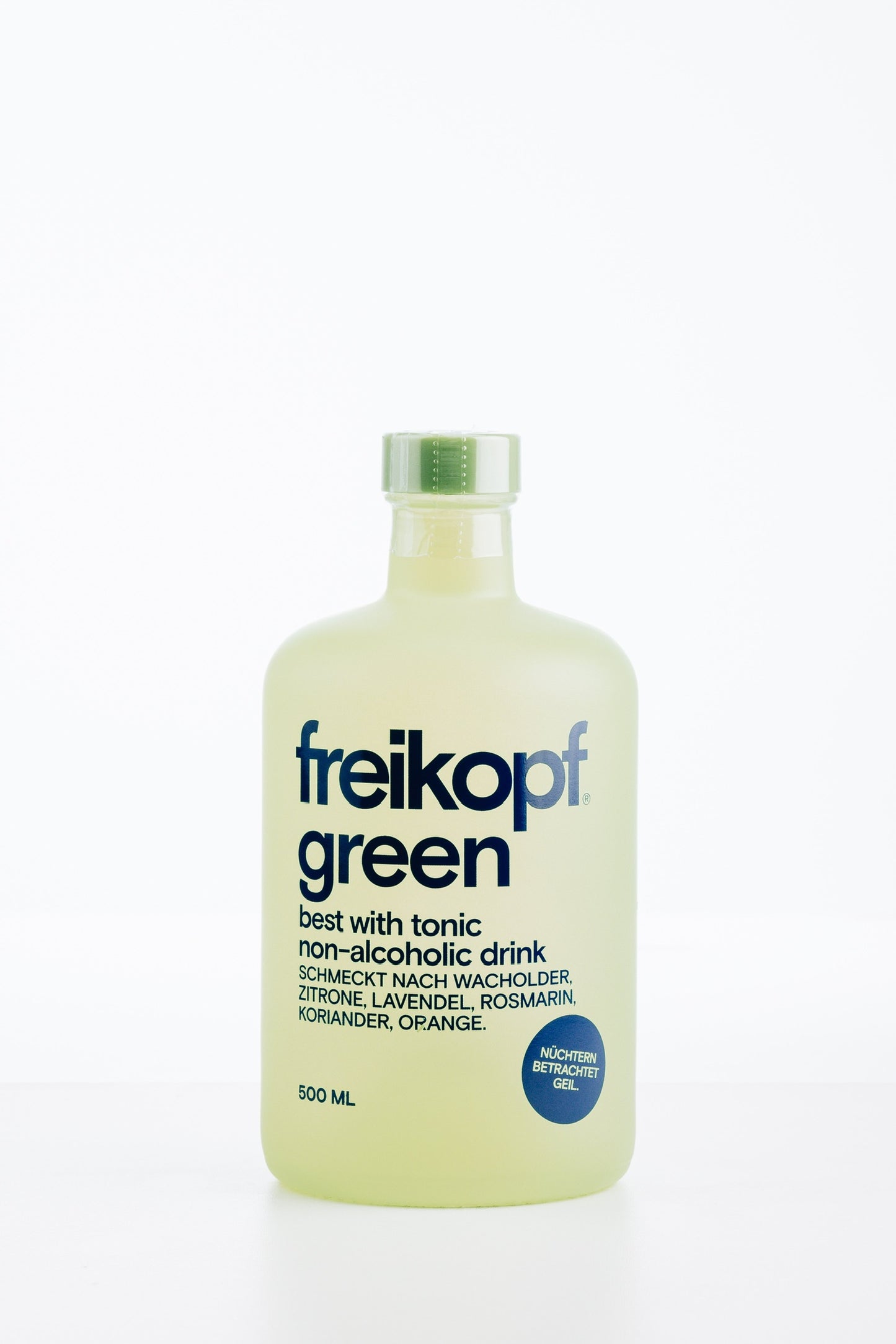 Grüne Flasche freikopf green – alkoholfreier Drink mit Wacholder, Zitrone, Lavendel, Rosmarin, Koriander und Orange, ideal zum Mixen mit Tonic
