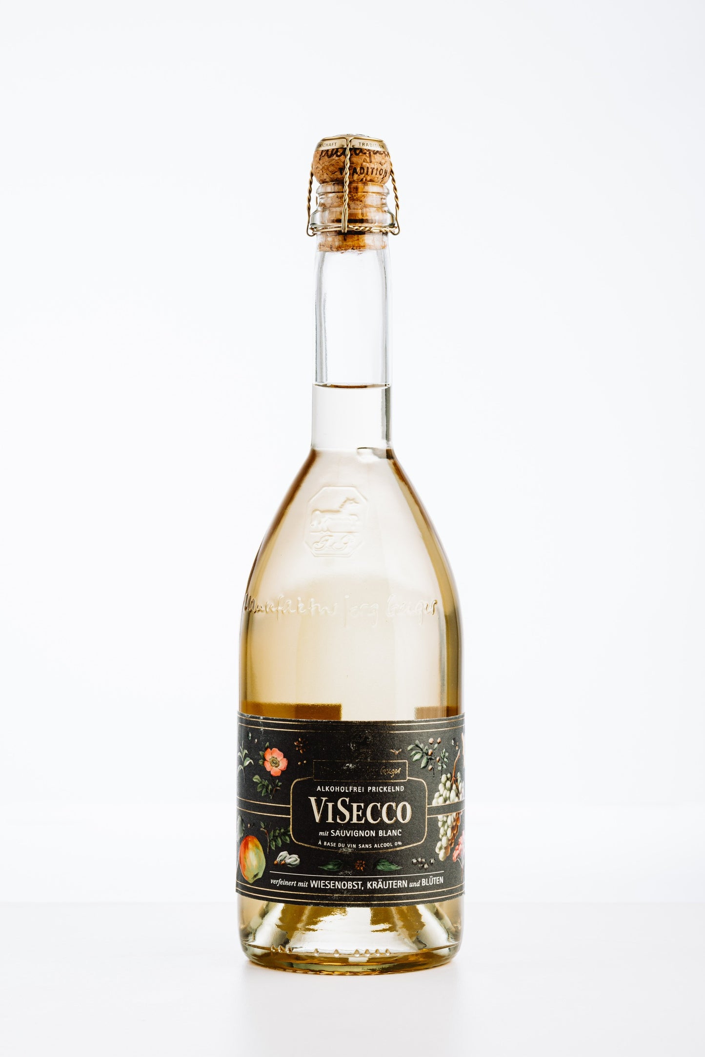 Flasche ViSecco alkoholfrei mit Sauvignon Blanc von Jörg Geiger, 0,75 l, florales Etikett in Schwarz mit Früchten und Blüten