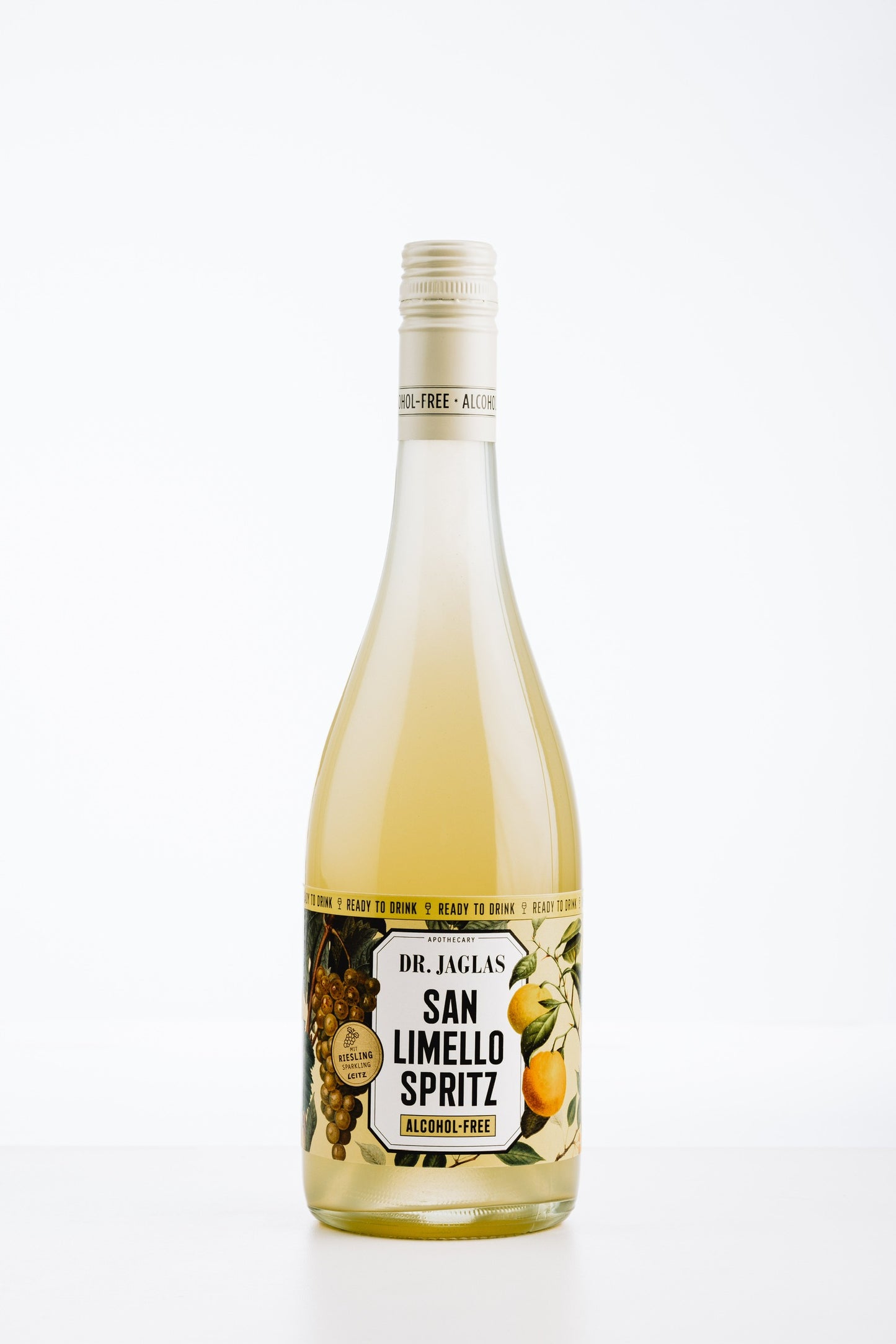 Dr. Jaglas San Limello Spritz alkoholfrei in Glasflasche mit Eis und frischen Trauben serviert