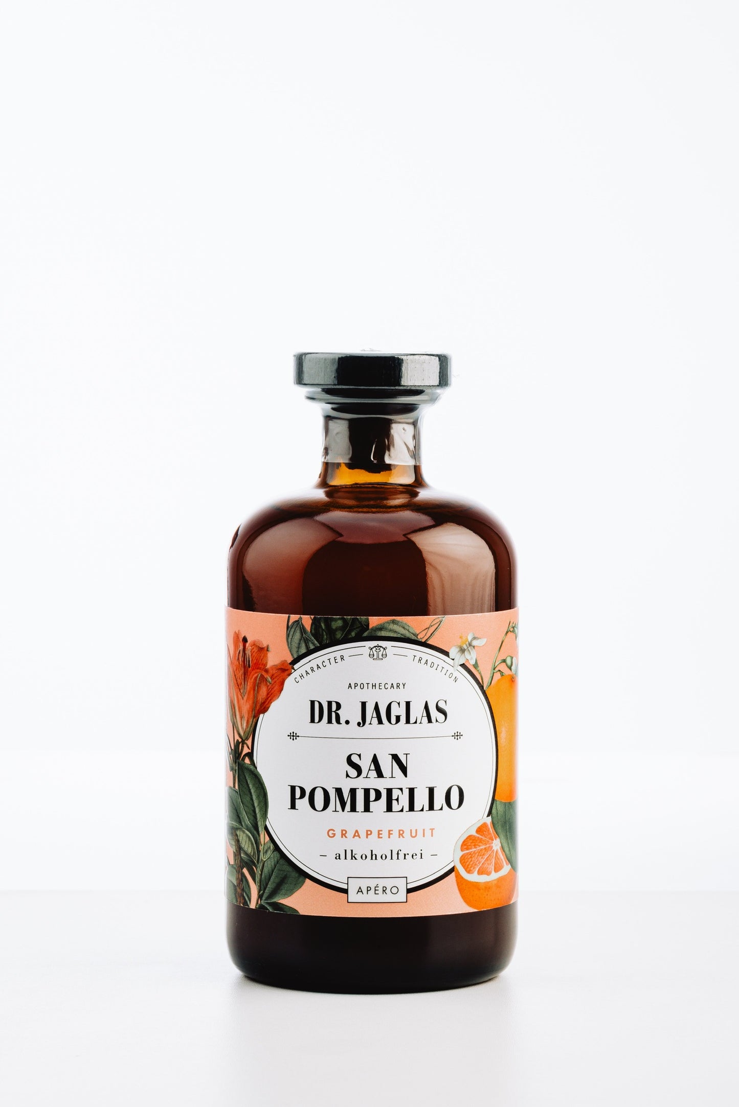 Flasche San Pompello alkoholfrei von Dr. Jaglas – Pink Grapefruit Aperitif in Apothekenflasche