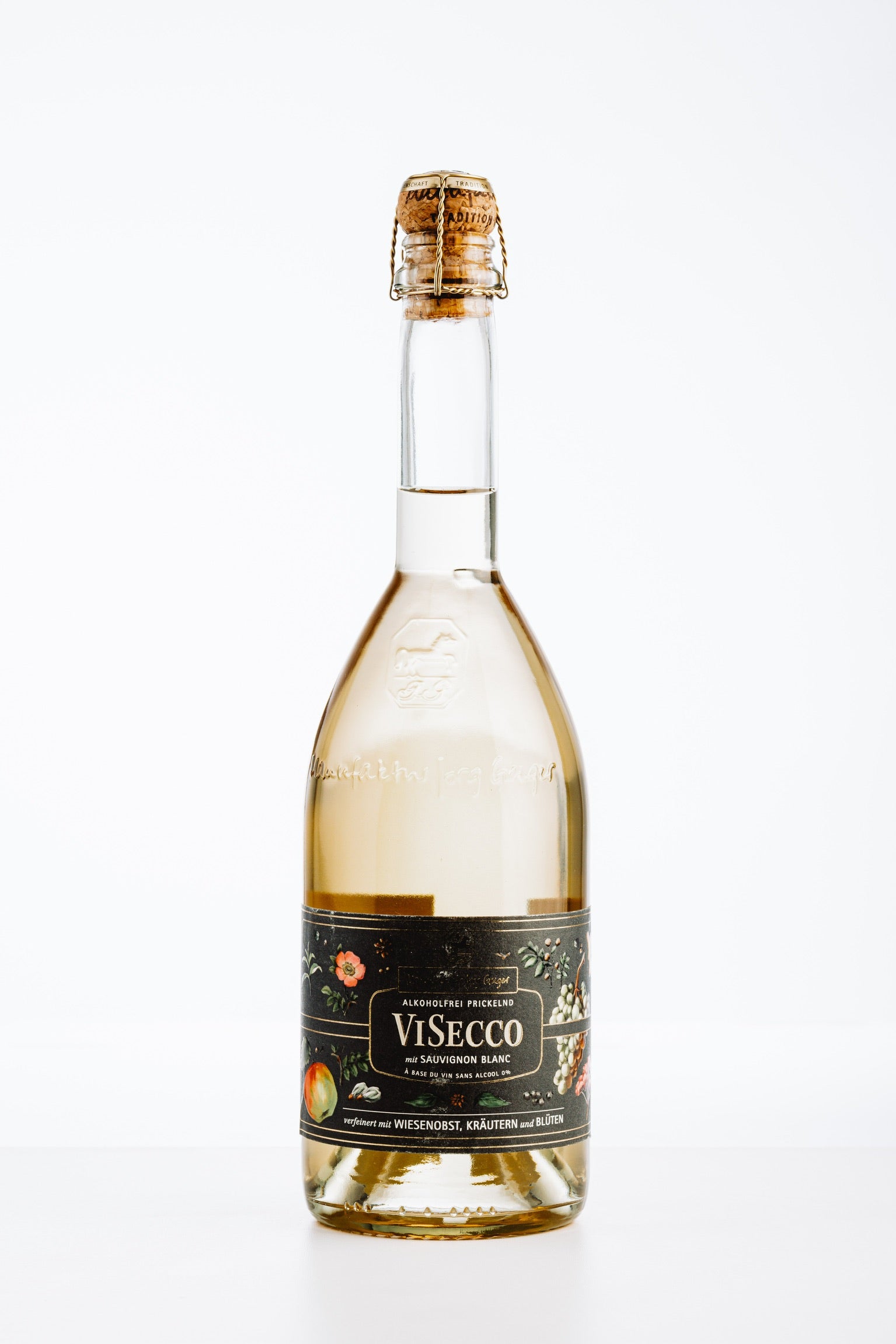 Flasche ViSecco alkoholfrei mit Sauvignon Blanc von Jörg Geiger, 0,75 l, florales Etikett in Schwarz mit Früchten und Blüten