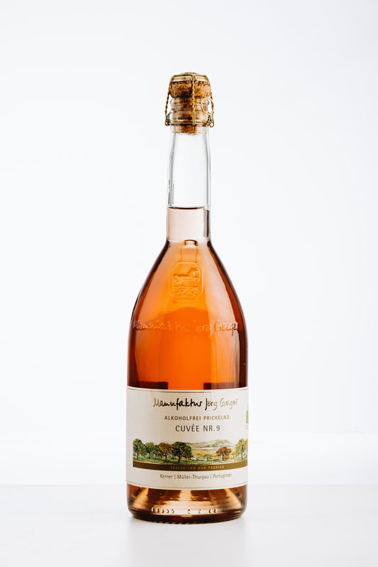 Flasche alkoholfreie Bio Cuvée Nr. 9 von Jörg Geiger, 0,75 l, rot-fruchtig, Etikett mit Bio-Siegel und Landschaftszeichnung
